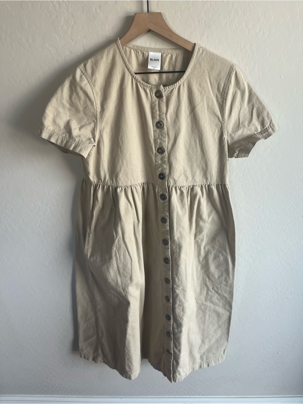 Blair Womens Short Sleeve Button Front Cotton Dress Tan Size M Pockets Prairie